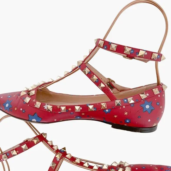 Valentino Garavani Rockstud Caged Flats EU 37.5 US 7.5 Red Stars Studded Ballet - Picture 12 of 13